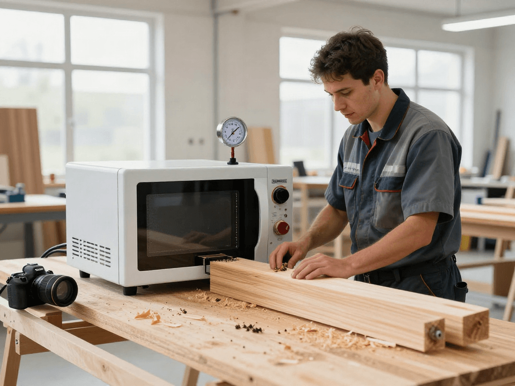 Traitement des infestations par Shashel® dans un atelier, avec un technicien utilisant la technologie à micro-ondes.