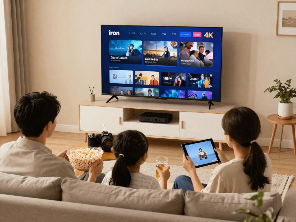Famille profitant de l'expérience Iron TV en streaming 4K dans leur salon chaleureux.