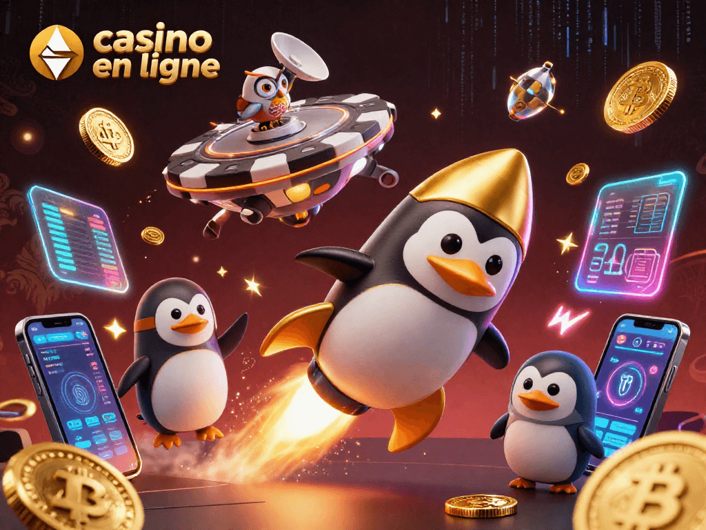 Jouez au casino en ligne avec un pingouin en or fonçant vers une station spatiale en forme de jeton de poker.