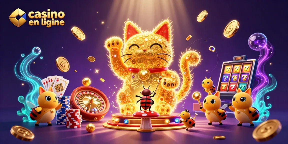 Jouez au casino en ligne avec ce chat porte-bonheur animé entouré de pièces d'or et de jeux.