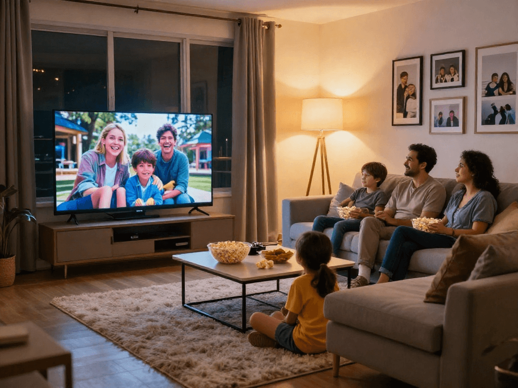 Soirée de cinéma en famille avec Iron TV et un salon accueillant.
