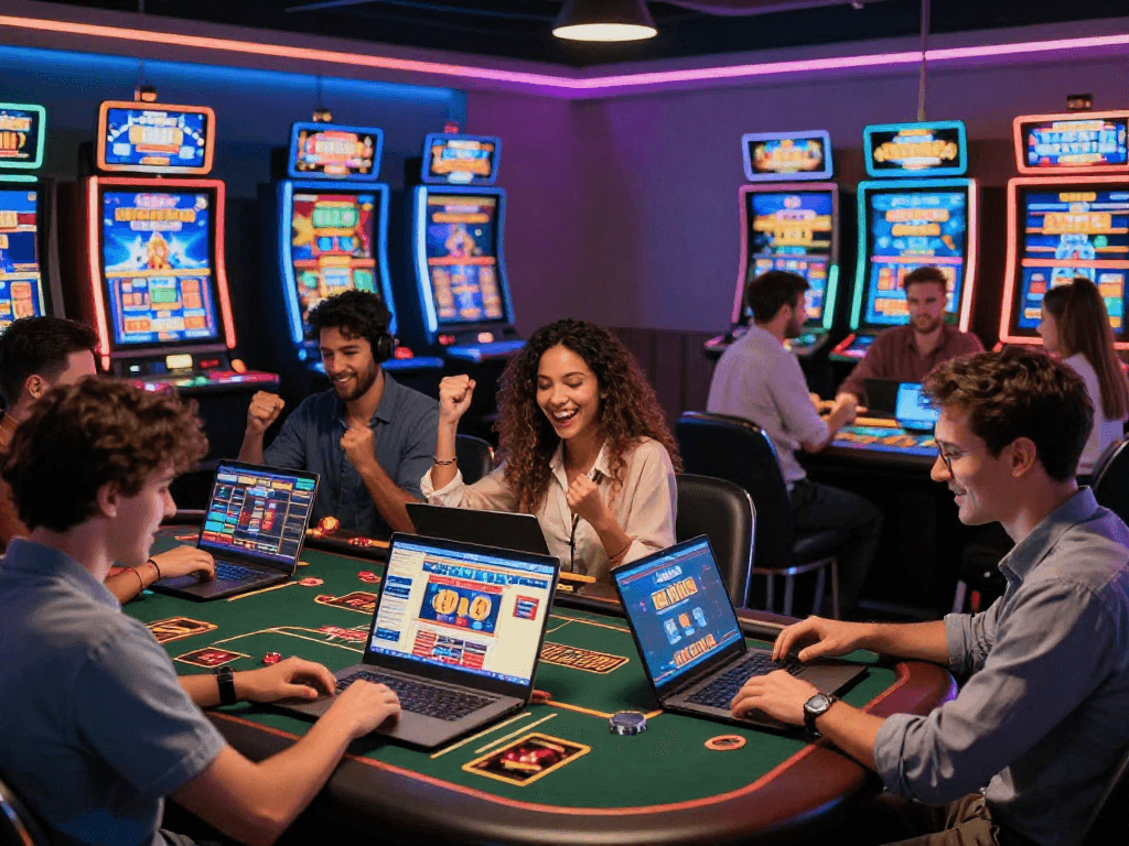 Une expérience de casino en ligne dynamique où des joueurs s’amusent avec des jeux sur leurs appareils, illustrant la convivialité des plateformes de jeu.