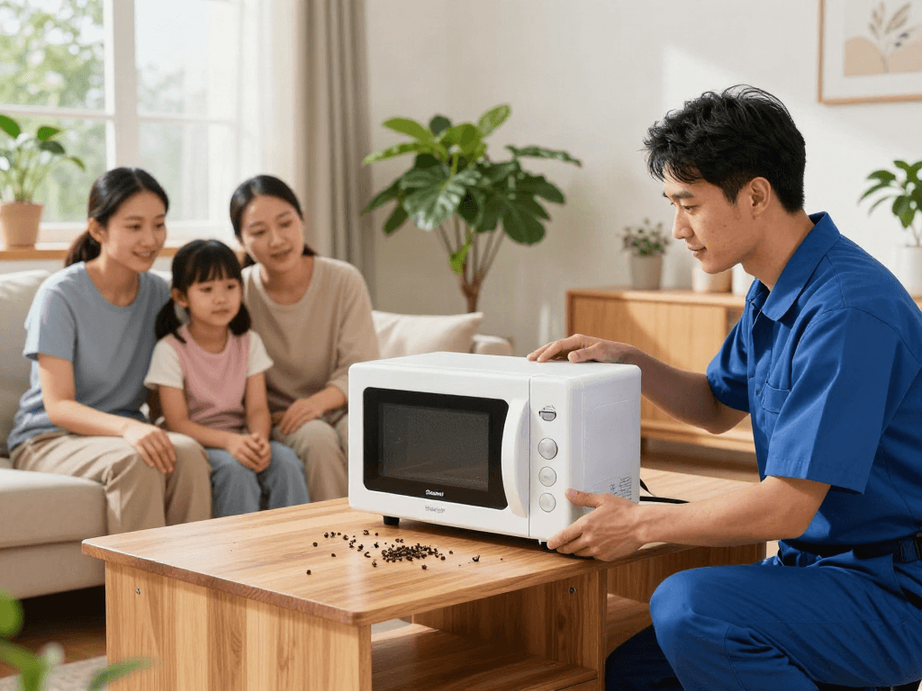 Traitement des insectes à bois avec Shashel® par un technicien dans un salon familial, ambiance chaleureuse et naturelle.