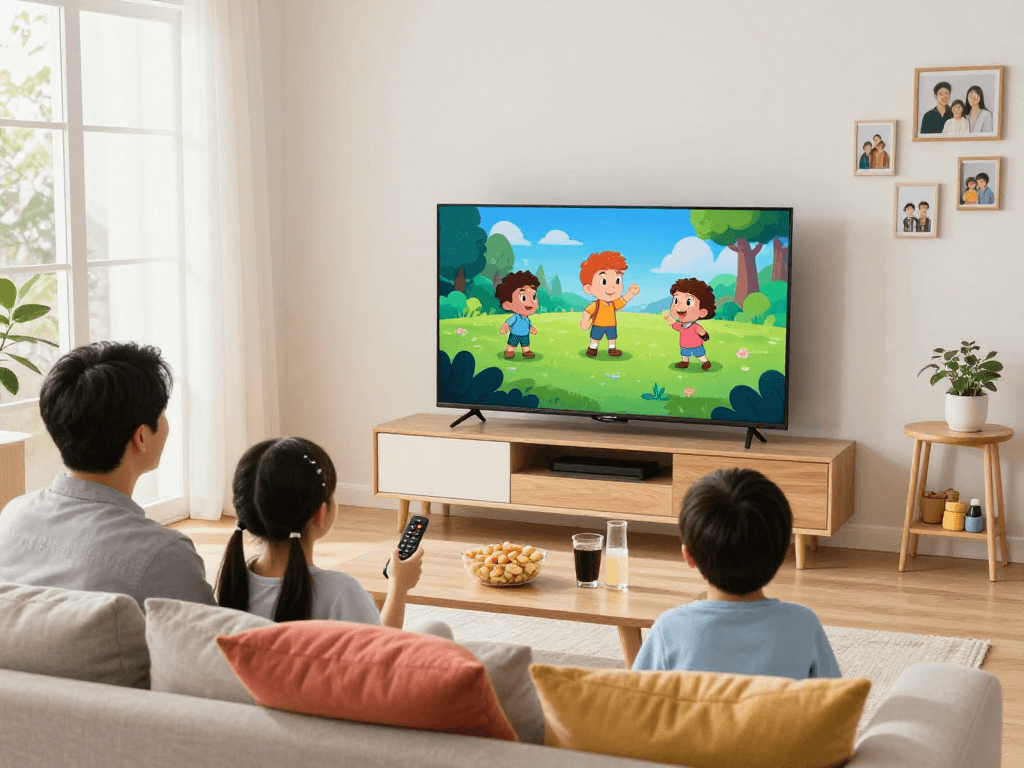 Famille utilisant Atlas pro ontv pour regarder des émissions sur leur téléviseur dans un salon confortable.