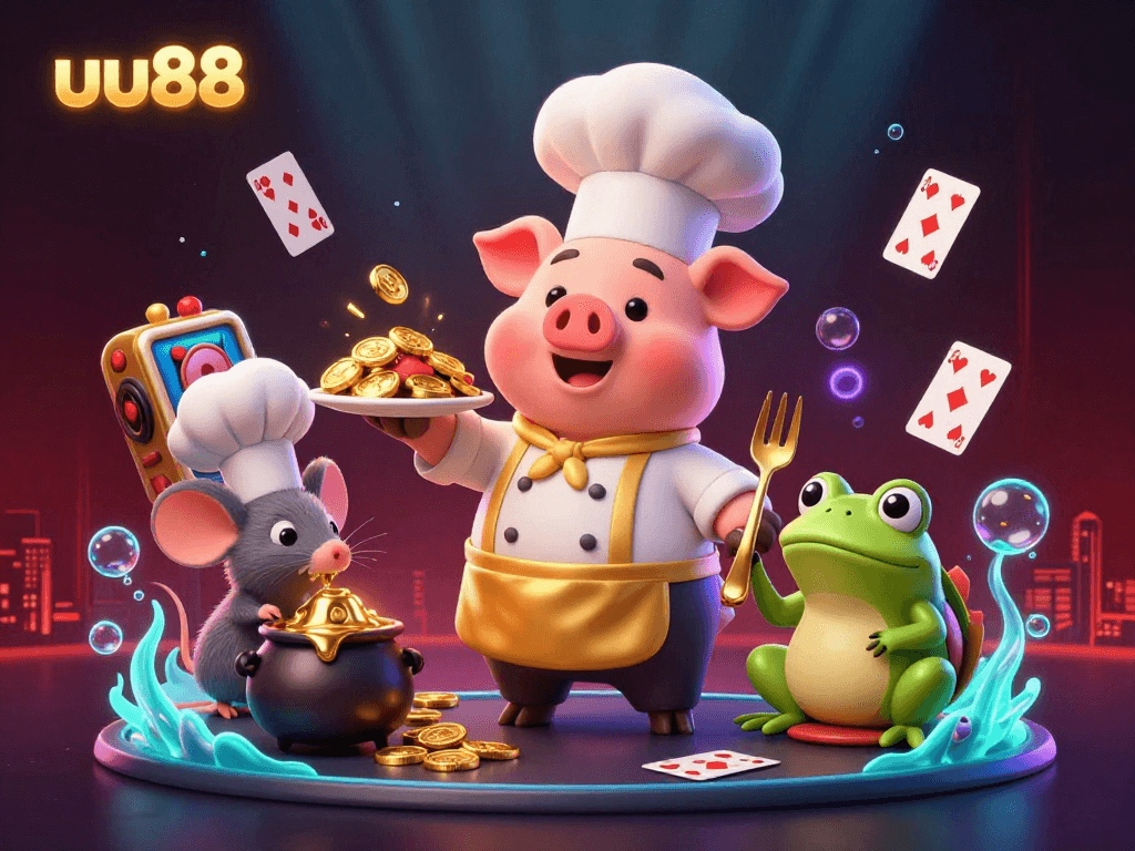 Experience the excitement of uu88 as the chef pig serves gold coins, with casino elements enriching the scene.