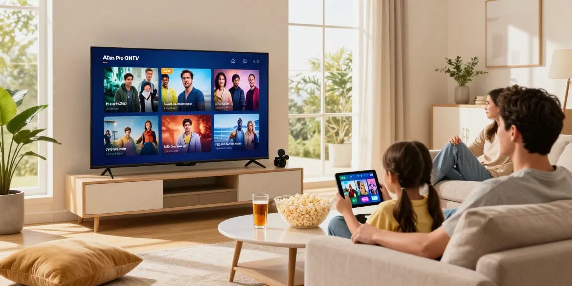 Famille profitant d'Atlas pro ontv sur un téléviseur intelligent, ambiance chaleureuse.
