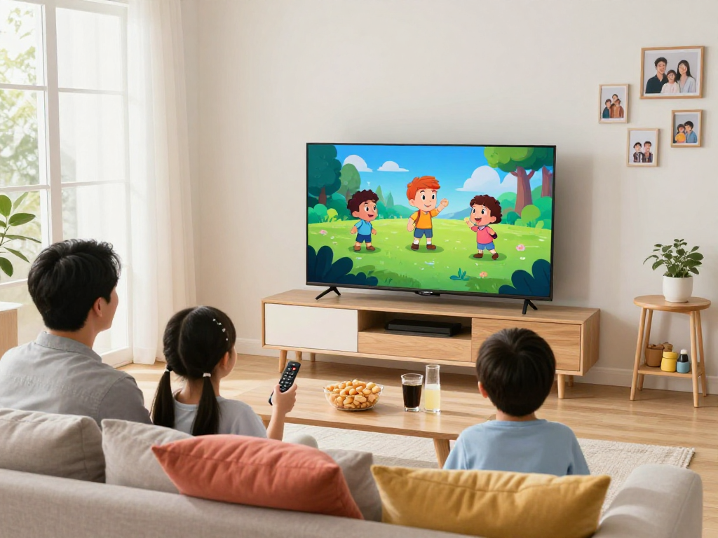Famille utilisant Atlas pro ontv pour regarder des émissions sur leur téléviseur dans un salon confortable.