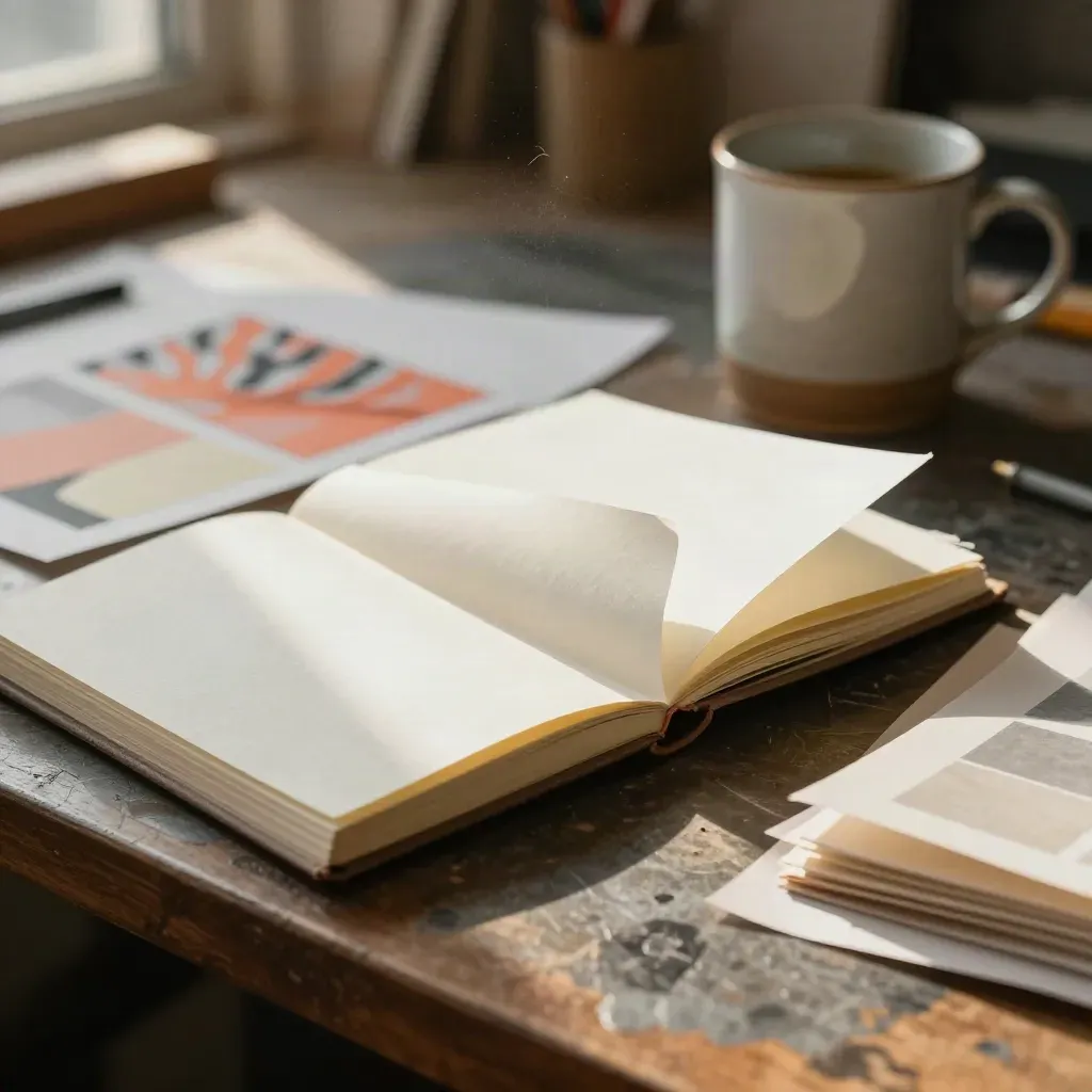 Carnet ouvert, épreuves papier et mug sur une table d’atelier, lumière dorée.