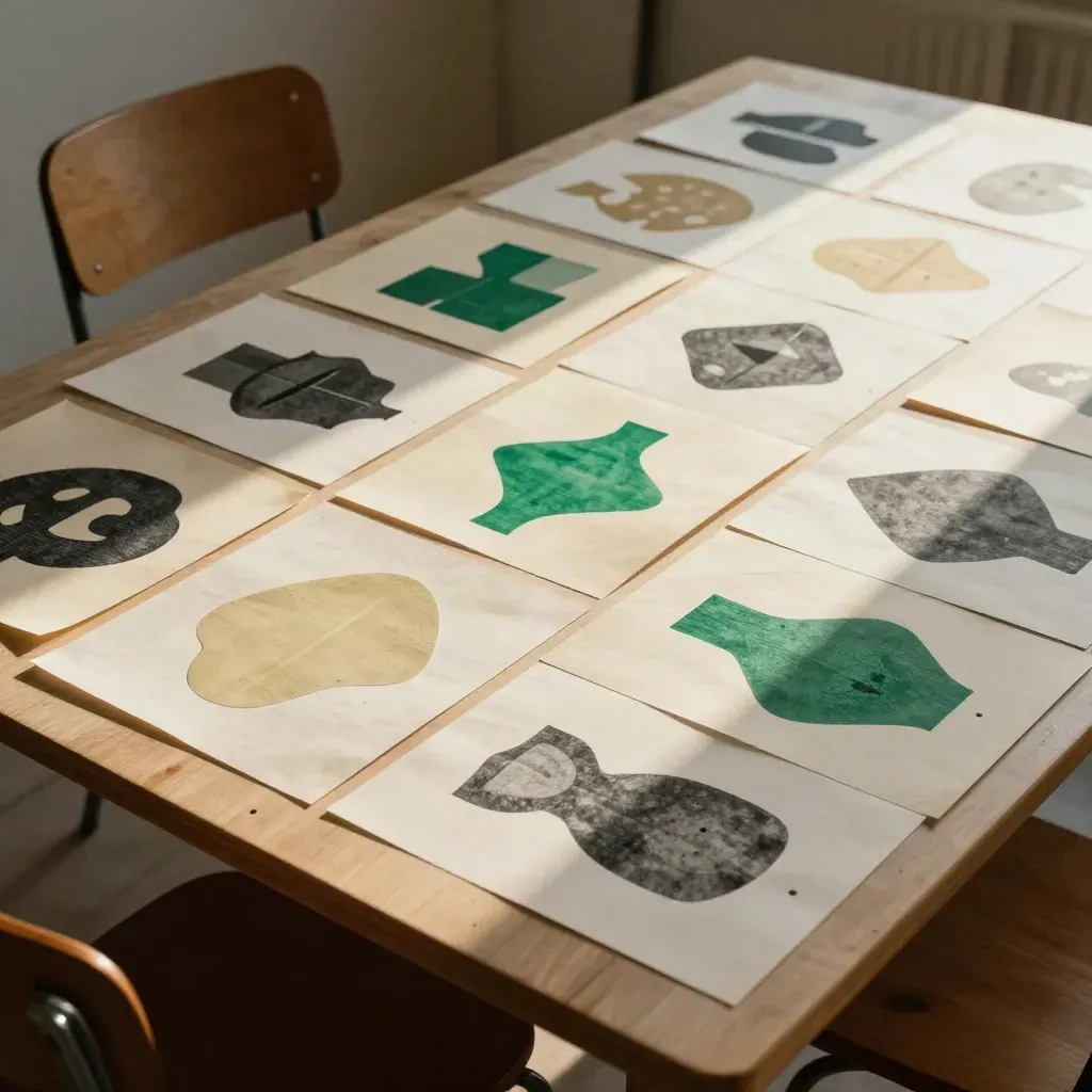 Table de branding en béton avec calques, carton et ruban, vue oblique cinétique.