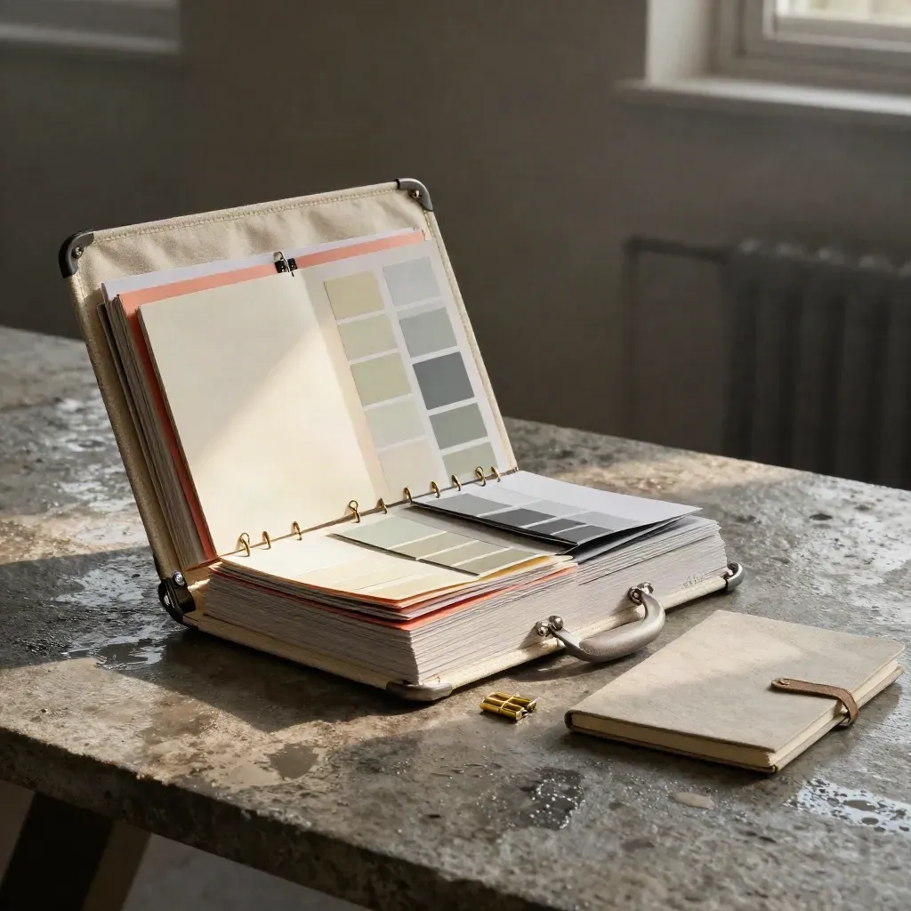 Portfolio créatif ouvert sur table de pierre dans un loft, lumière douce après la pluie.