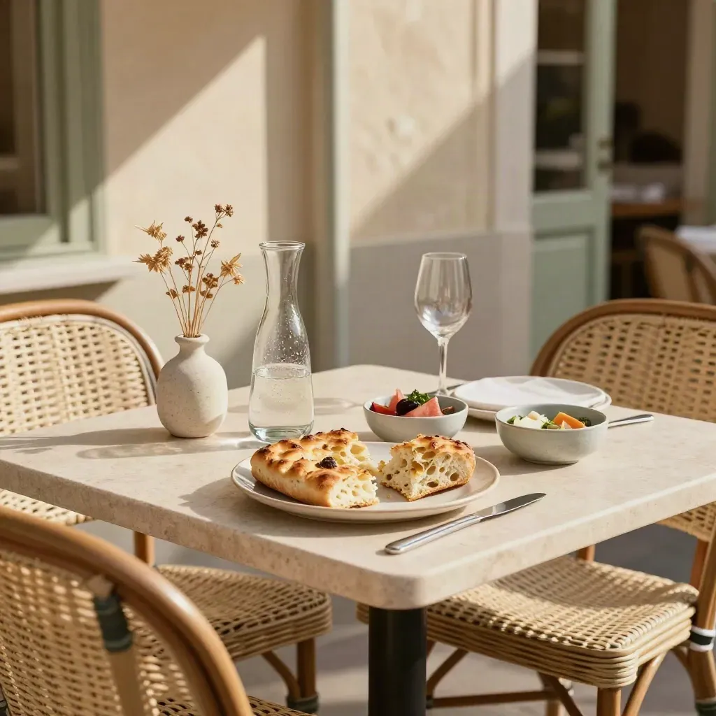 Table de déjeuner réseau sur terrasse ombragée, carafe, pain, fleurs sèches et deux chaises reculées.