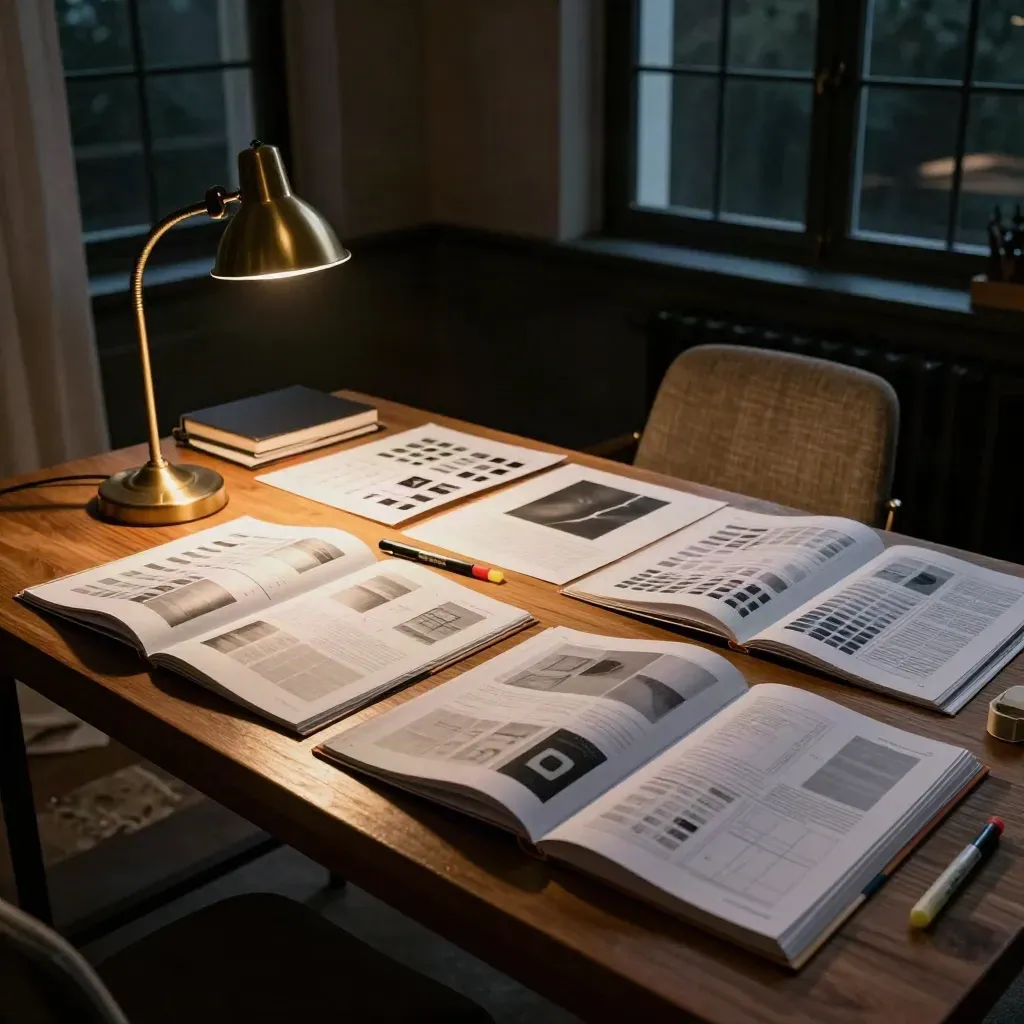 Table de retours tardifs, maquettes ouvertes, lampe basse et chaise repoussée dans la nuit.