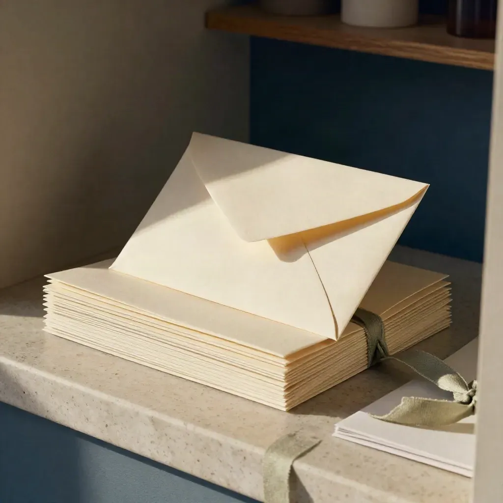 Pile d’enveloppes crème, zine plié, cartes épaisses et ruban sauge sur travertin.