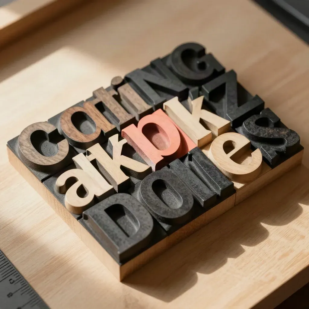 Blocs typographiques en bois et bandes noires vus du dessus, avec un accent corail.