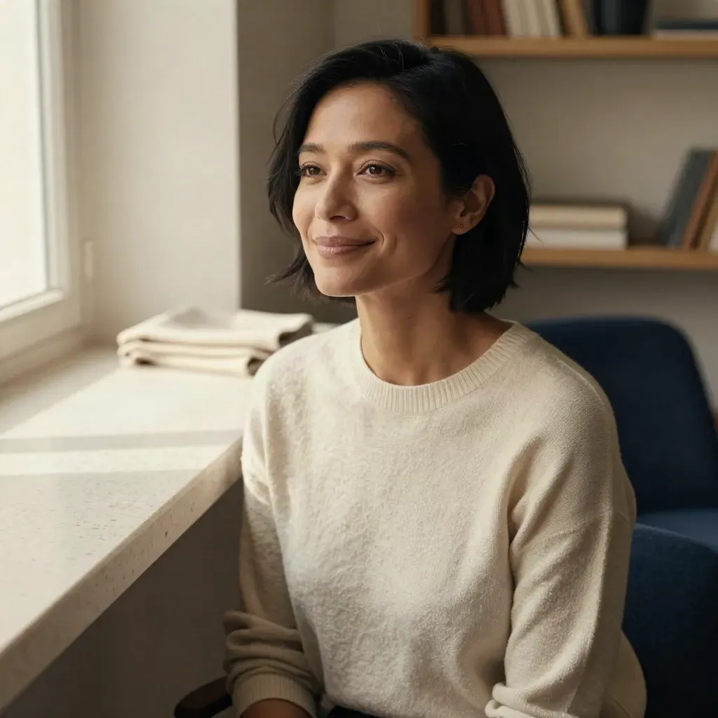Portrait chaleureux d’une directrice artistique en studio, sourire fatigué, lumière de fenêtre.