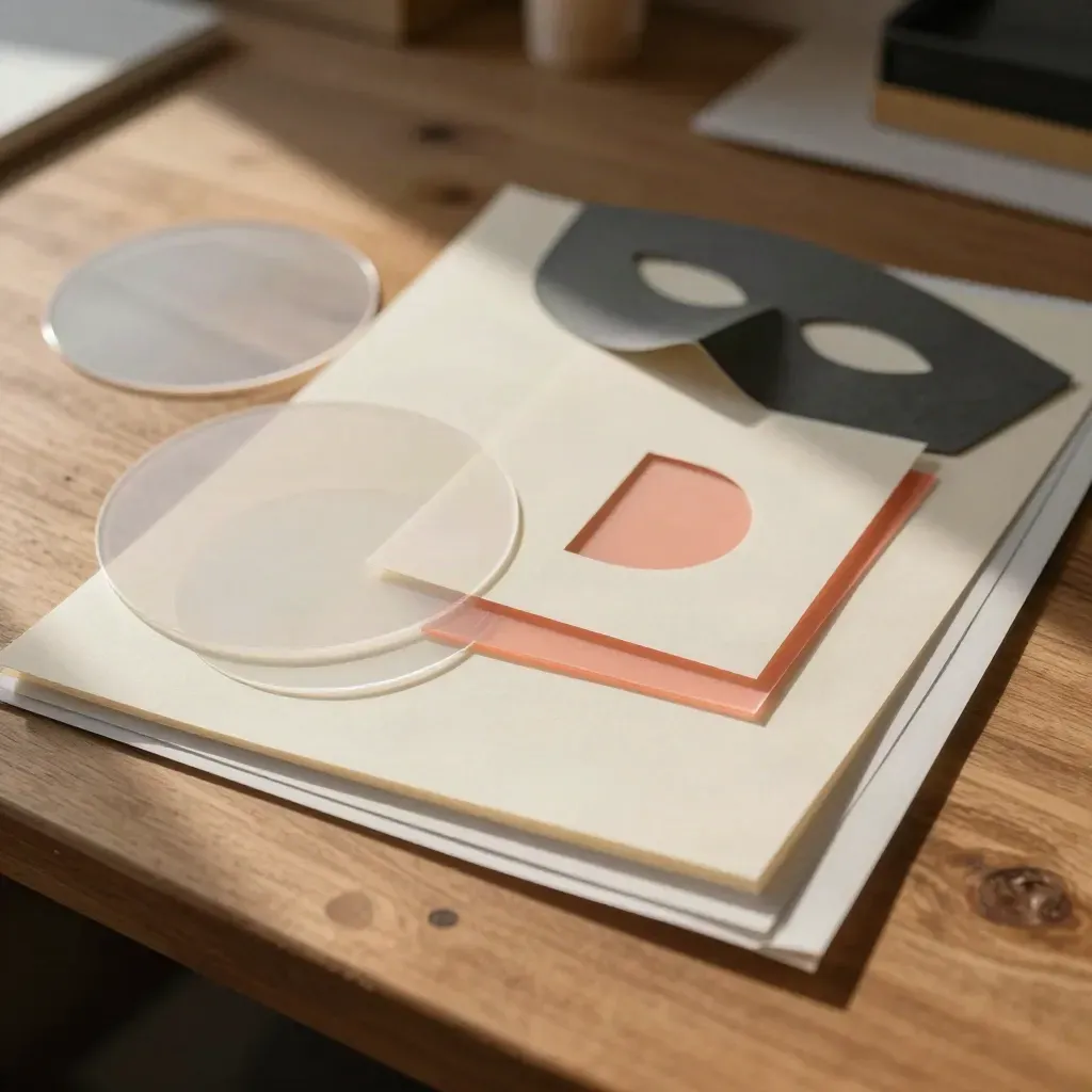 Formes de logo en calque superposées sur une table d’atelier en bois