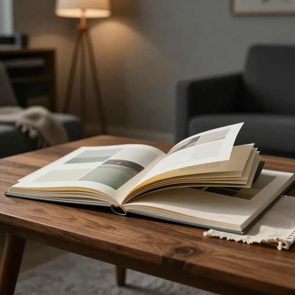Livret de projet ouvert sur une table basse, ambiance de studio créatif tamisé.