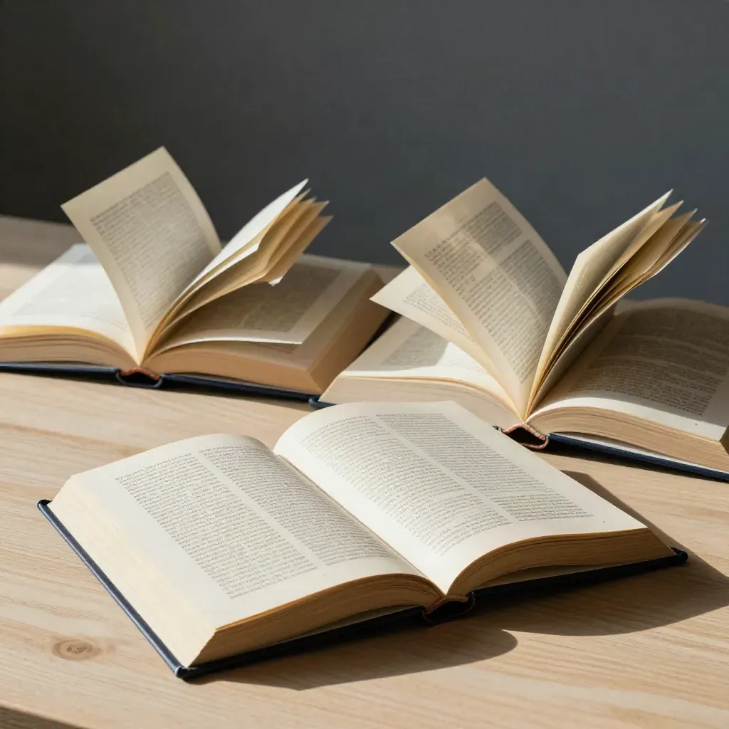 Trois portfolios ouverts sur une table en bois, avec feuilles de calque et onglets bleu nuit.