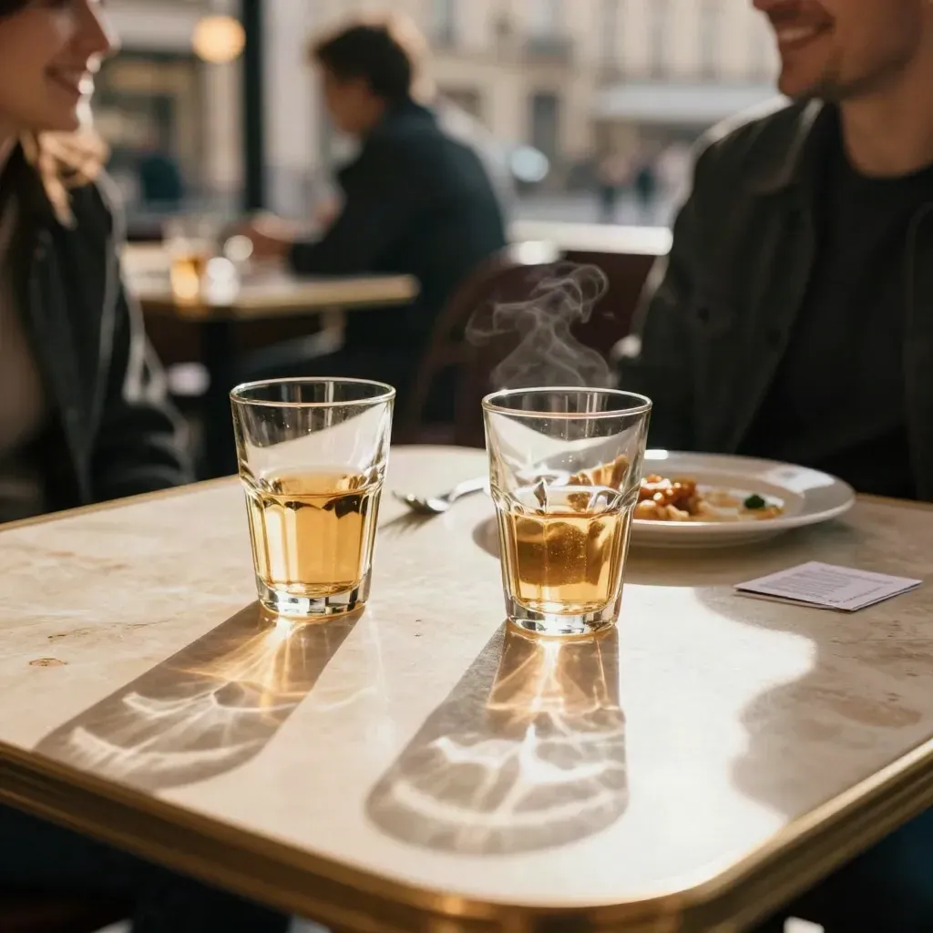 Table de bistrot à Lyon avec deux verres, une petite assiette et une carte de visite retournée.