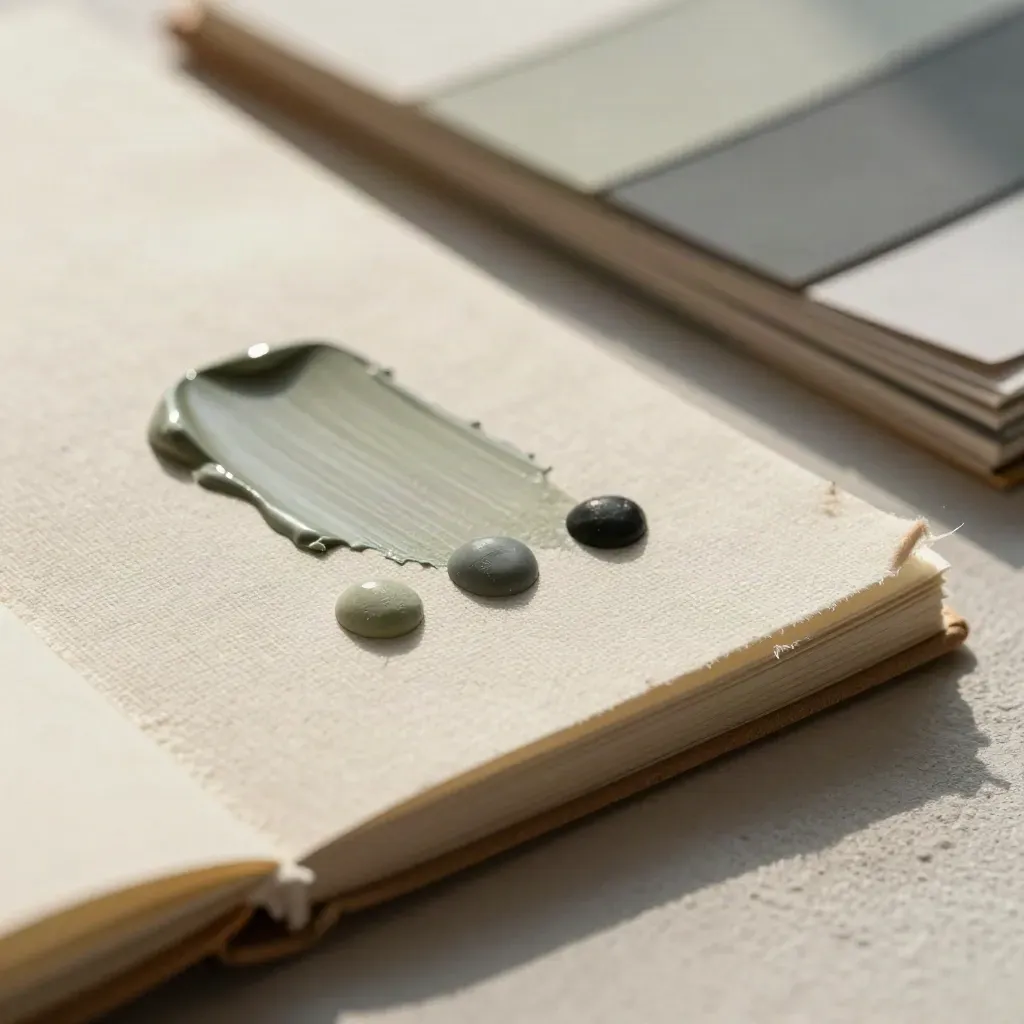Carnet couleur avec échantillons de toile sauge, pigments doux et pastilles minérales.