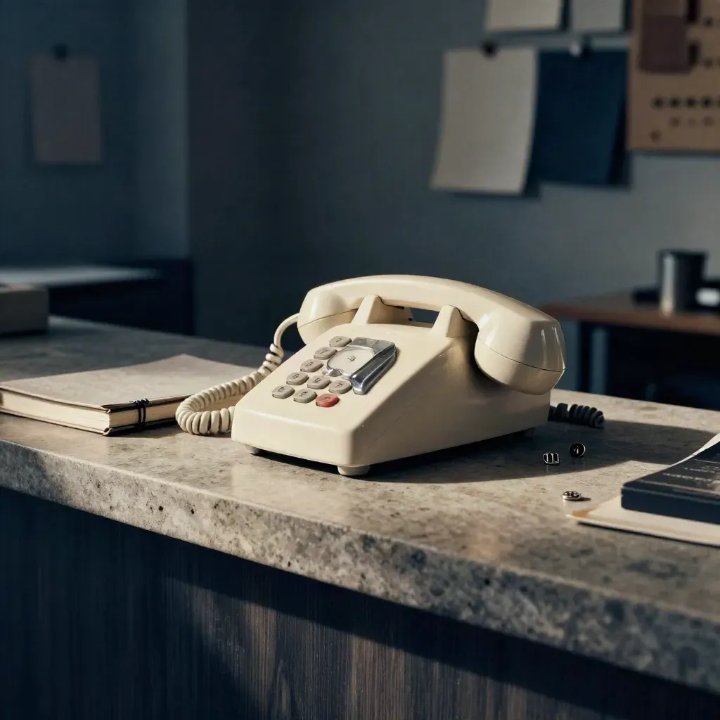 Téléphone de bureau clair, carnet fermé et trois jetons d’appel dans une ambiance sombre et tendue.
