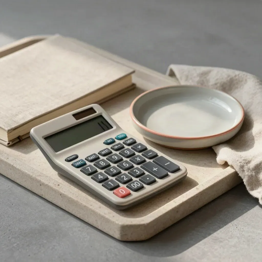 Calculatrice, carnet fermé et coupelle en céramique sur un plateau clair, lumière douce.