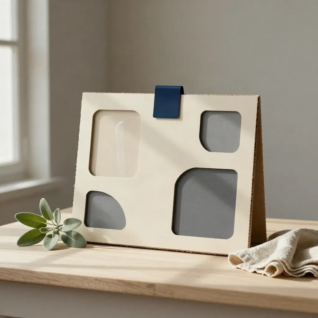 Planche d’identité en carton, plante, tissu plié et objet en verre sur bois clair.